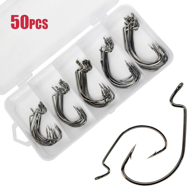 50pcs Wide Worm Hook Carbon St - Fishing Hook Barbless ulasan dan harga